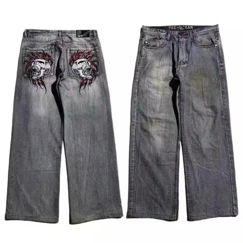Men's grey washed-out straight-leg jeans with wide leg silhouette in retro workwear style