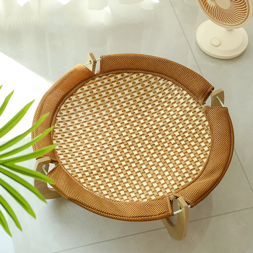 Brown woven rattan pet hammock bed for cats and small dogs, measuring 46cm square.