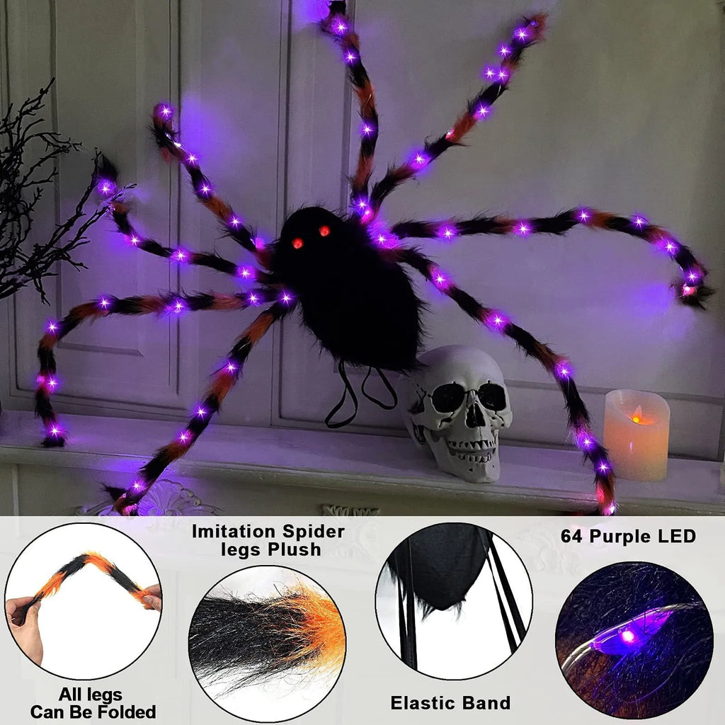 Halloween spider plush backpack with LED lights in orange, purple, white, green, or red colour options