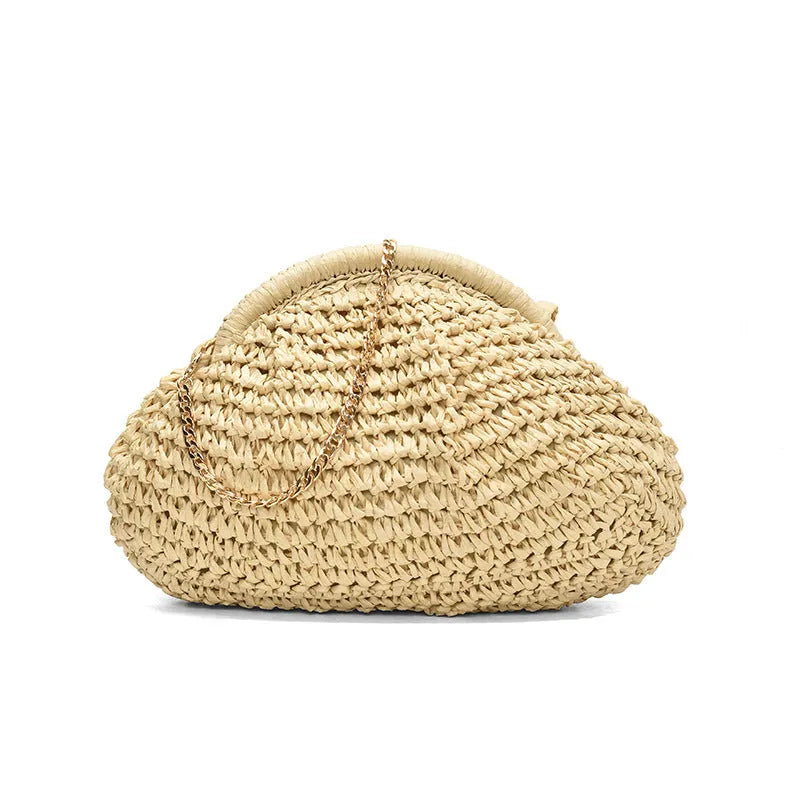 Shell-shaped straw beach bag with chain strap detail in khaki colour