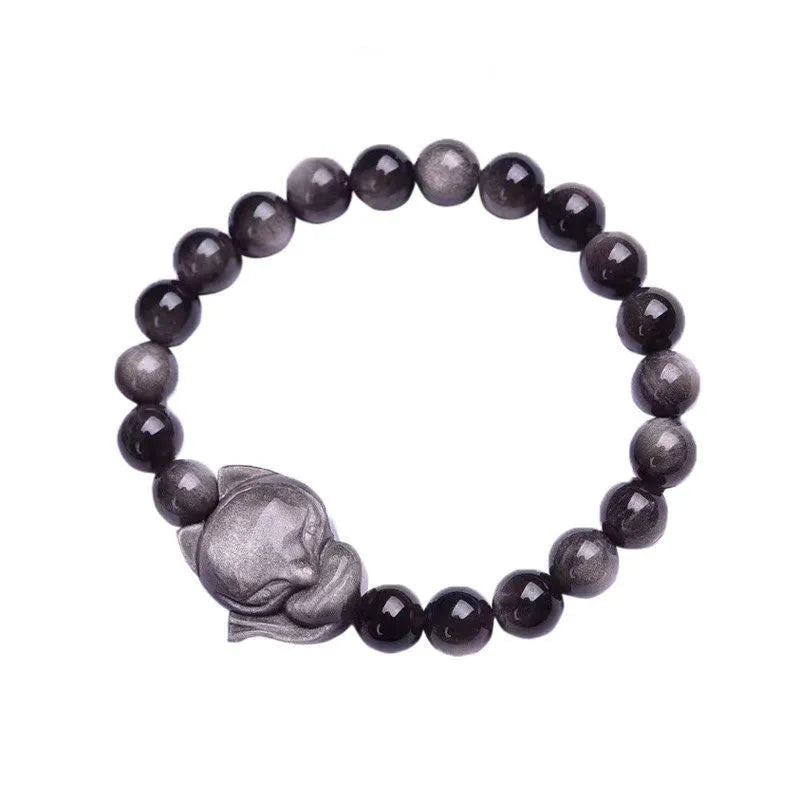 Obsidian fox single ring bracelet with 8mm beads and hand-carved animal motif on elastic cord