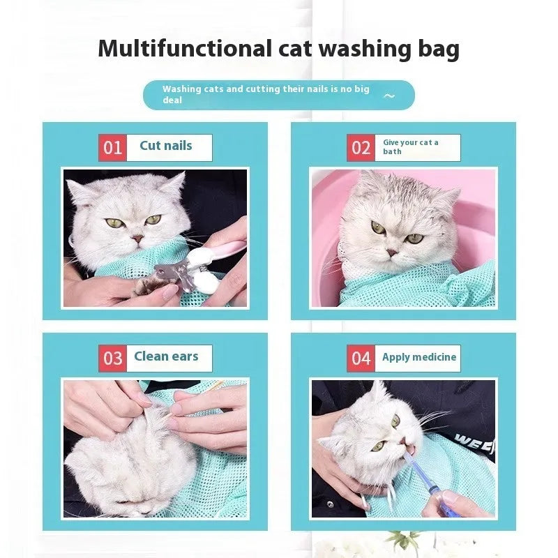 Upgraded 5th generation cat grooming bag in pink, green, or grey colour combinations with scratch-resistant mesh