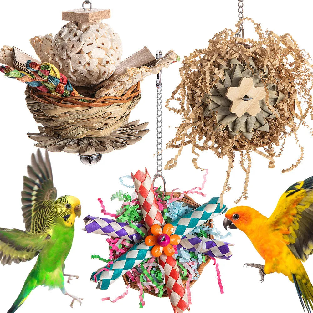Three-piece parrot gnawing molar chew toy set with hanging attachments for cage mounting