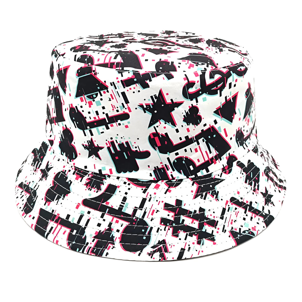 A retro bucket hat with a musical note pattern print, shown in a dome crown style.