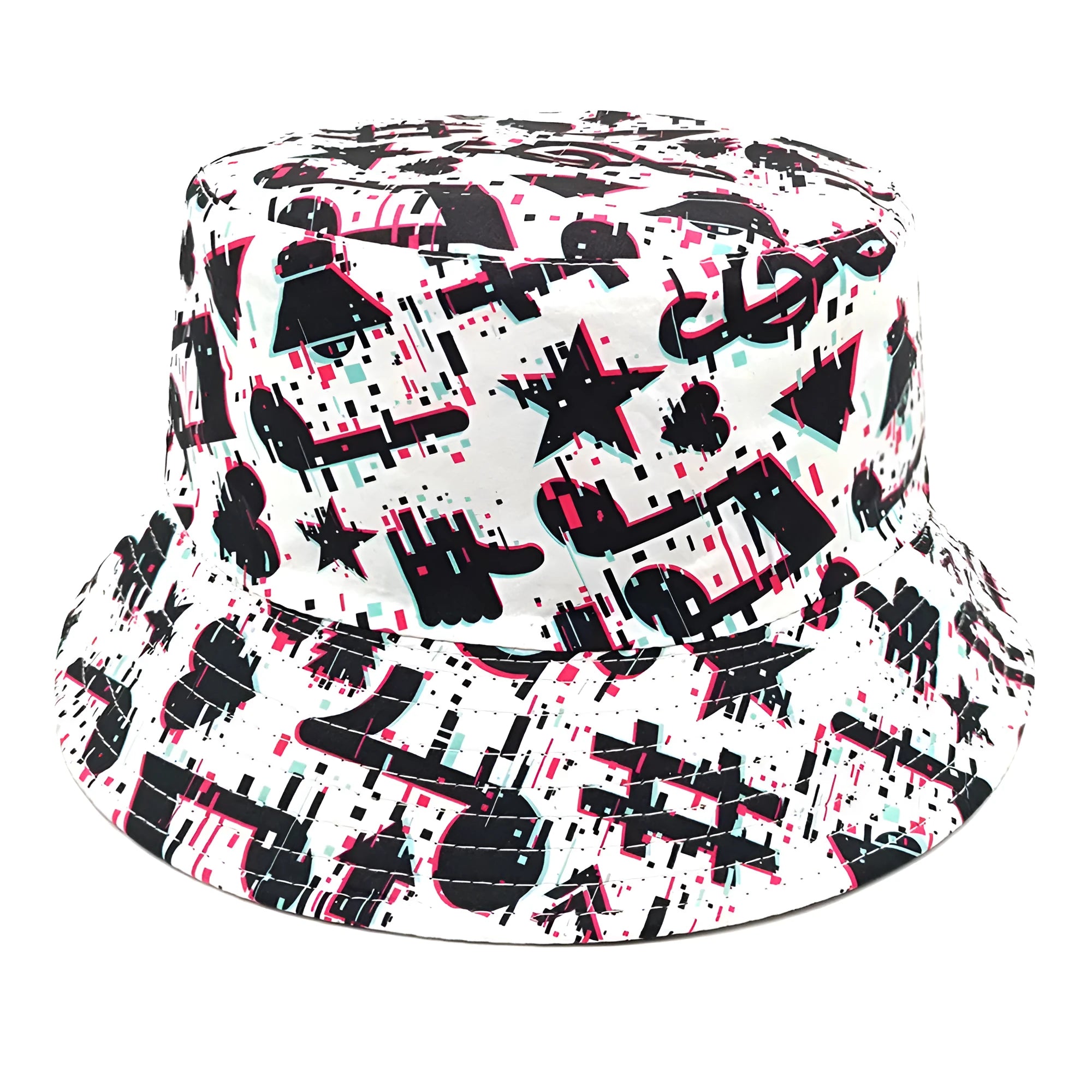 A retro bucket hat with a musical note pattern print, shown in a dome crown style.