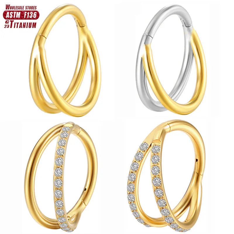 Titanium alloy fork style nose ring on a plain background showing silver, gold, black, and rose gold colour options.