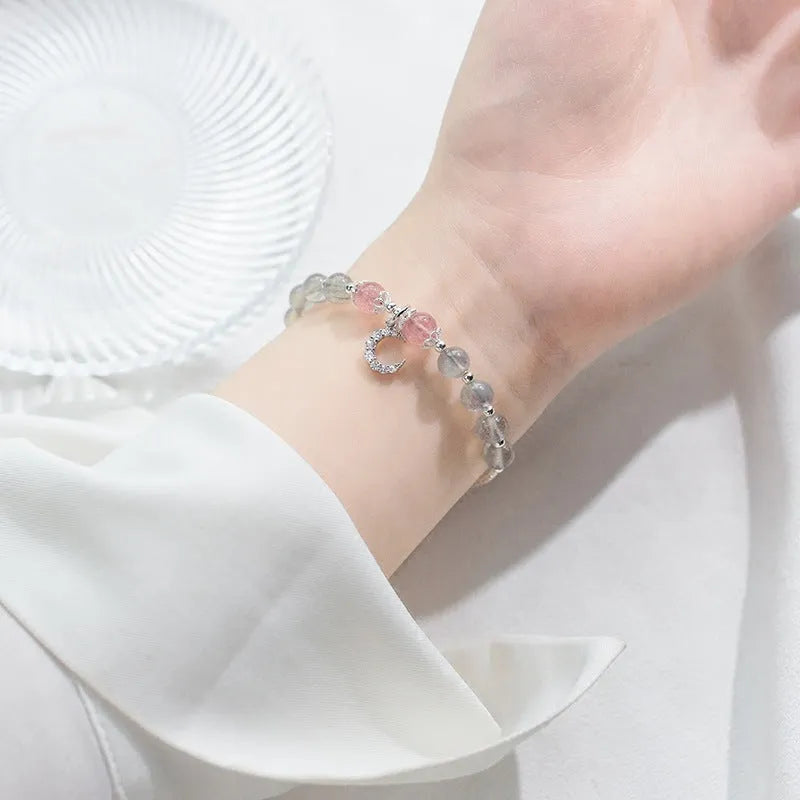 Natural moonstone handmade bracelet with adjustable length and crescent moon detail