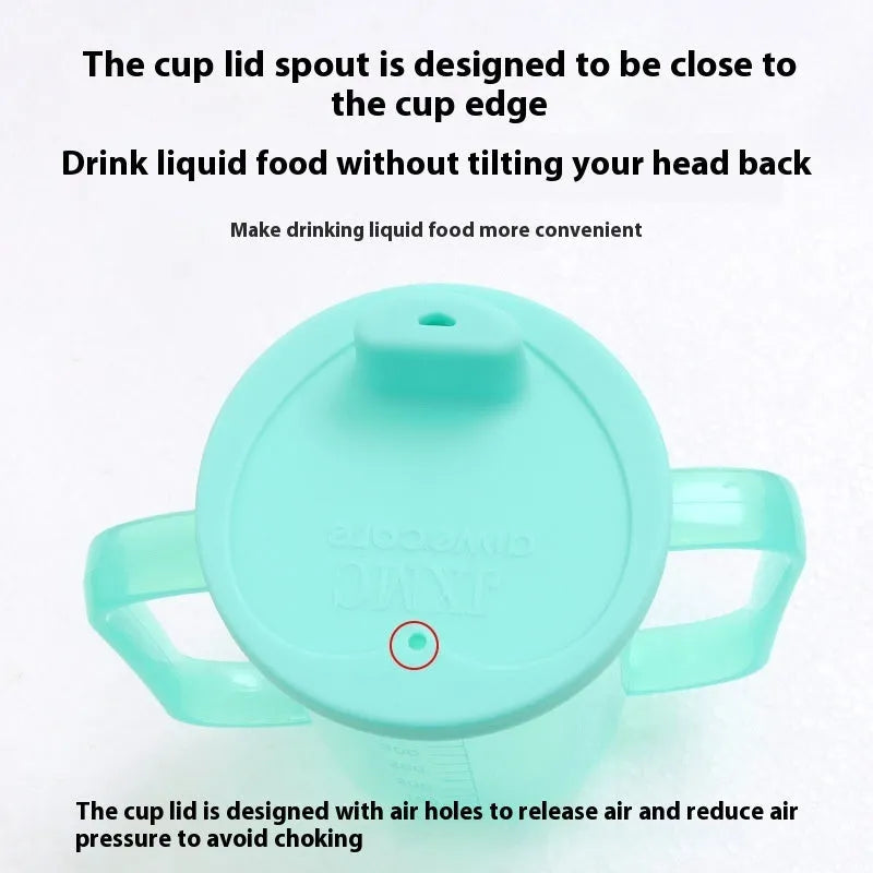 Oblique mouth anti-choke drinking cup for elderly adults with handle, lid, and optional wrist splint.