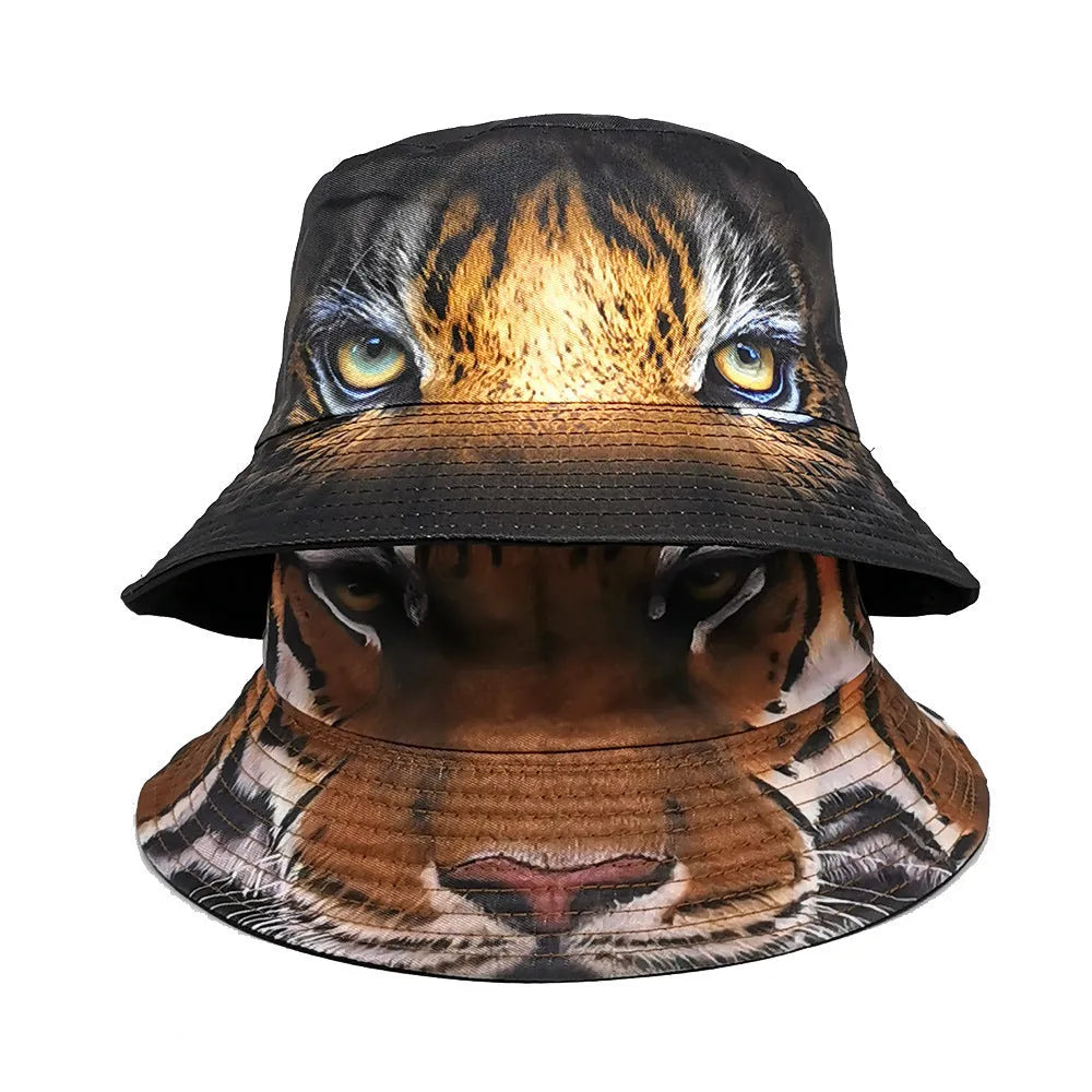 Khaki tiger print polyester bucket hat with dome crown shown at angle