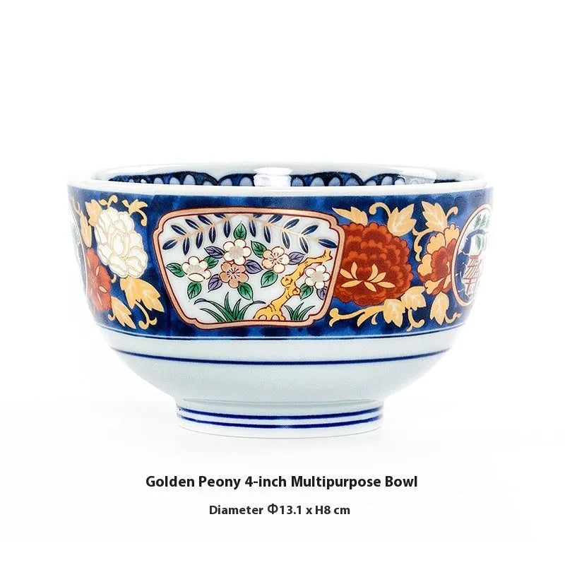 4-inch Japanese style porcelain bowl with retro floral pattern in golden peony design
