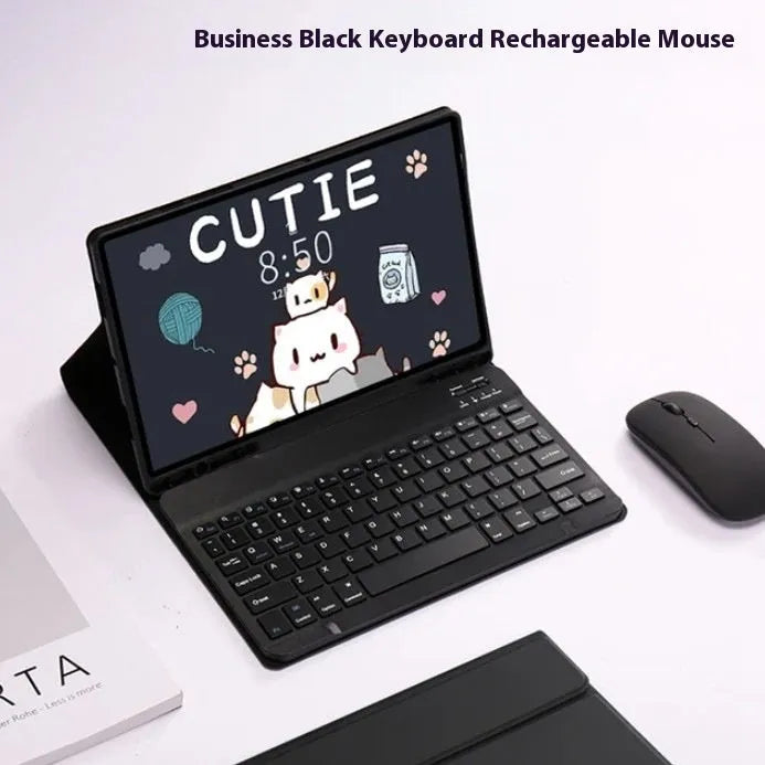 Samsung tablet inside a black TPU case with a Bluetooth keyboard and charging mouse on a desk.