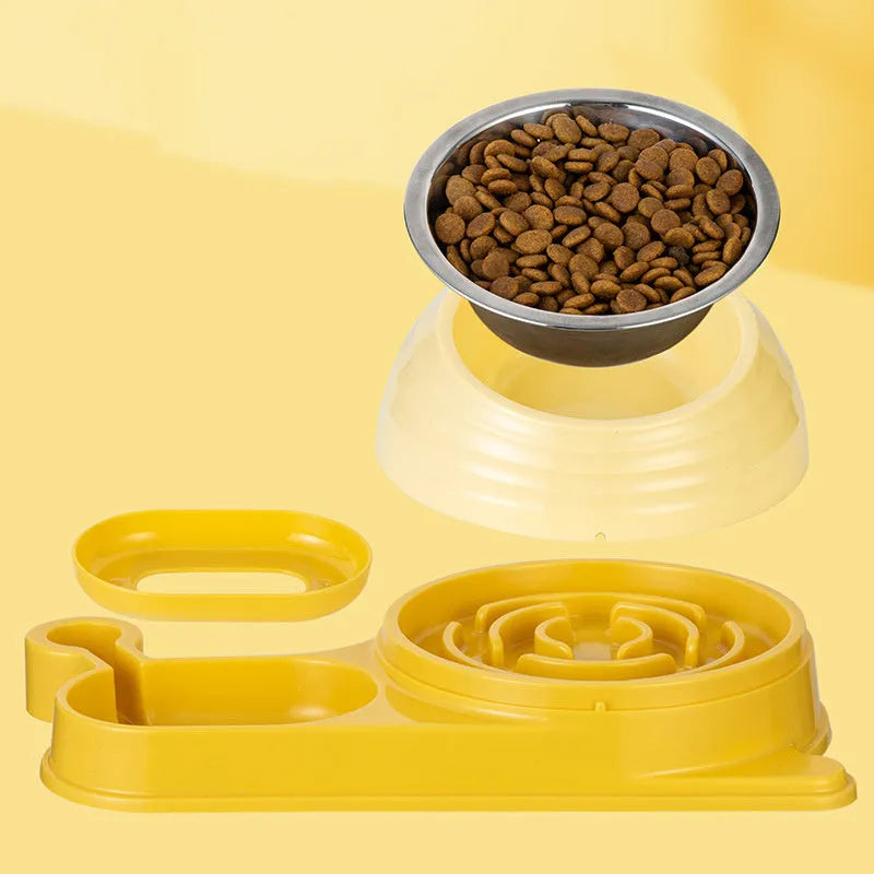 Elevated cat food bowl with automatic water dispenser bottle in choice of brown, green or yellow colours