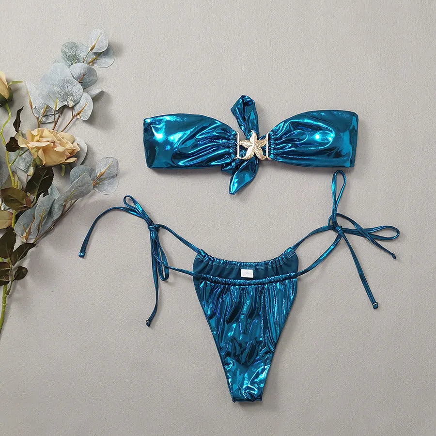 Women's glossy sapphire blue tube top bikini with long sleeves and backless briefs.