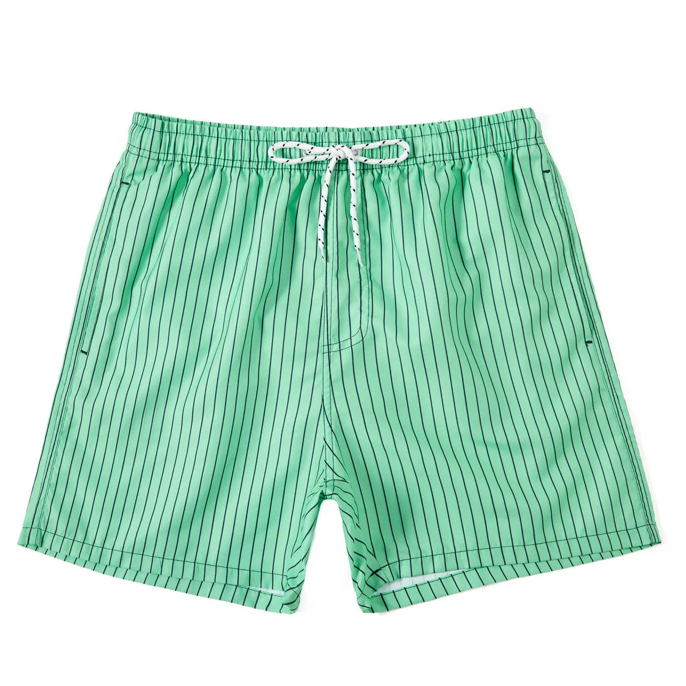 Men's navy blue polyester casual shorts with a visible striped triangle lining inside.