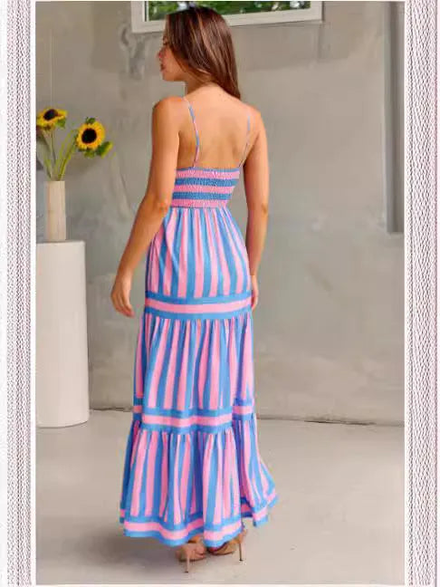 Women's striped backless suspender long dress with square neckline and pockets.