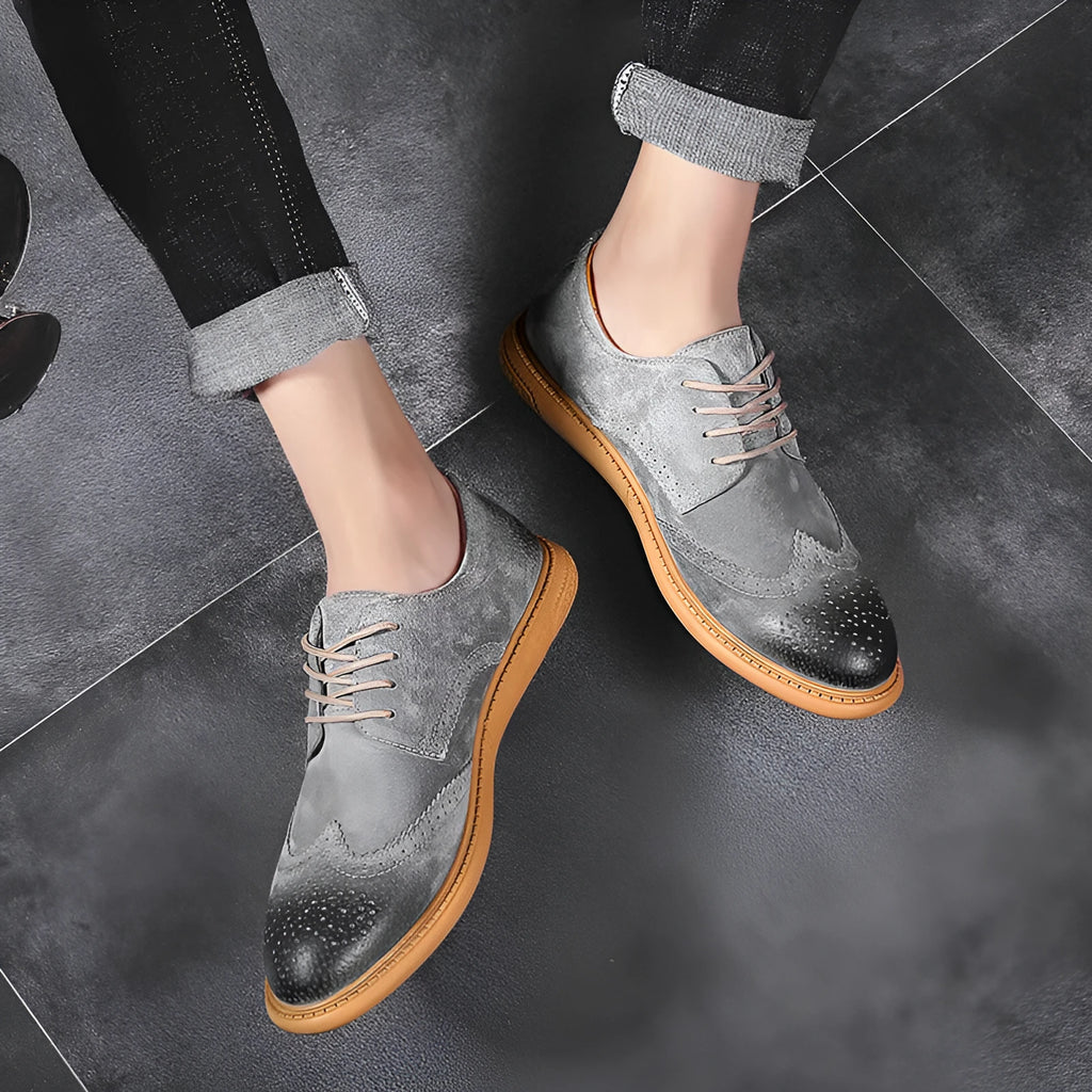 Men's genuine leather business shoes with lace-up design in black, gray, green, and sand colours