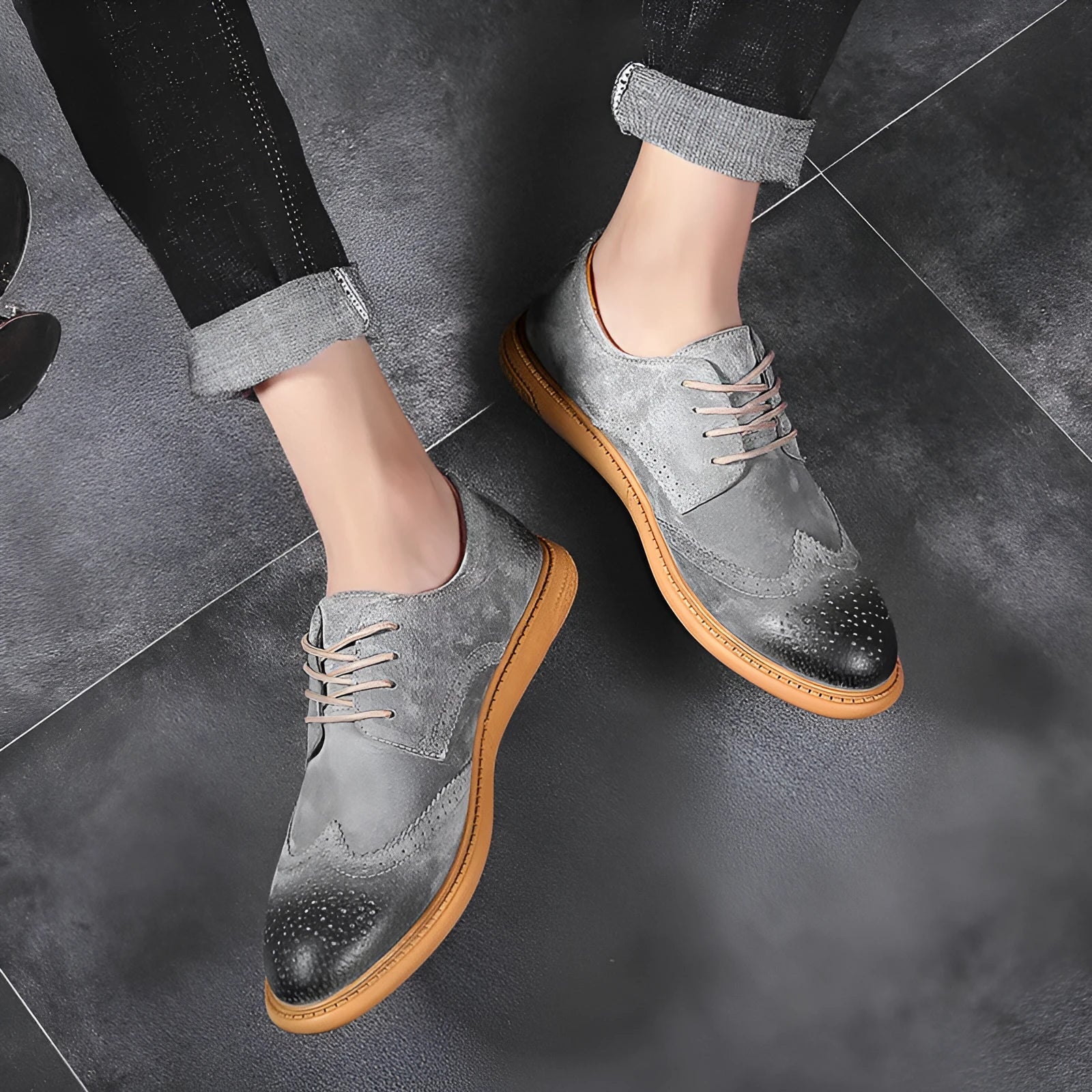Men's genuine leather business shoes with lace-up design in black, gray, green, and sand colours