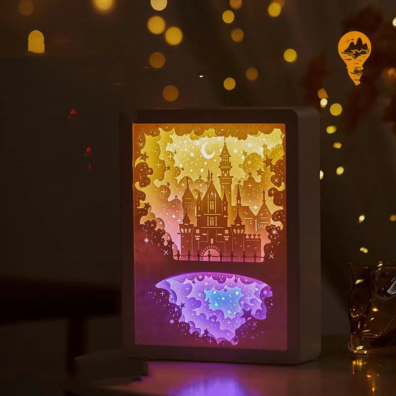 Three-dimensional paper carving bedside night light with ABS frame and USB connection