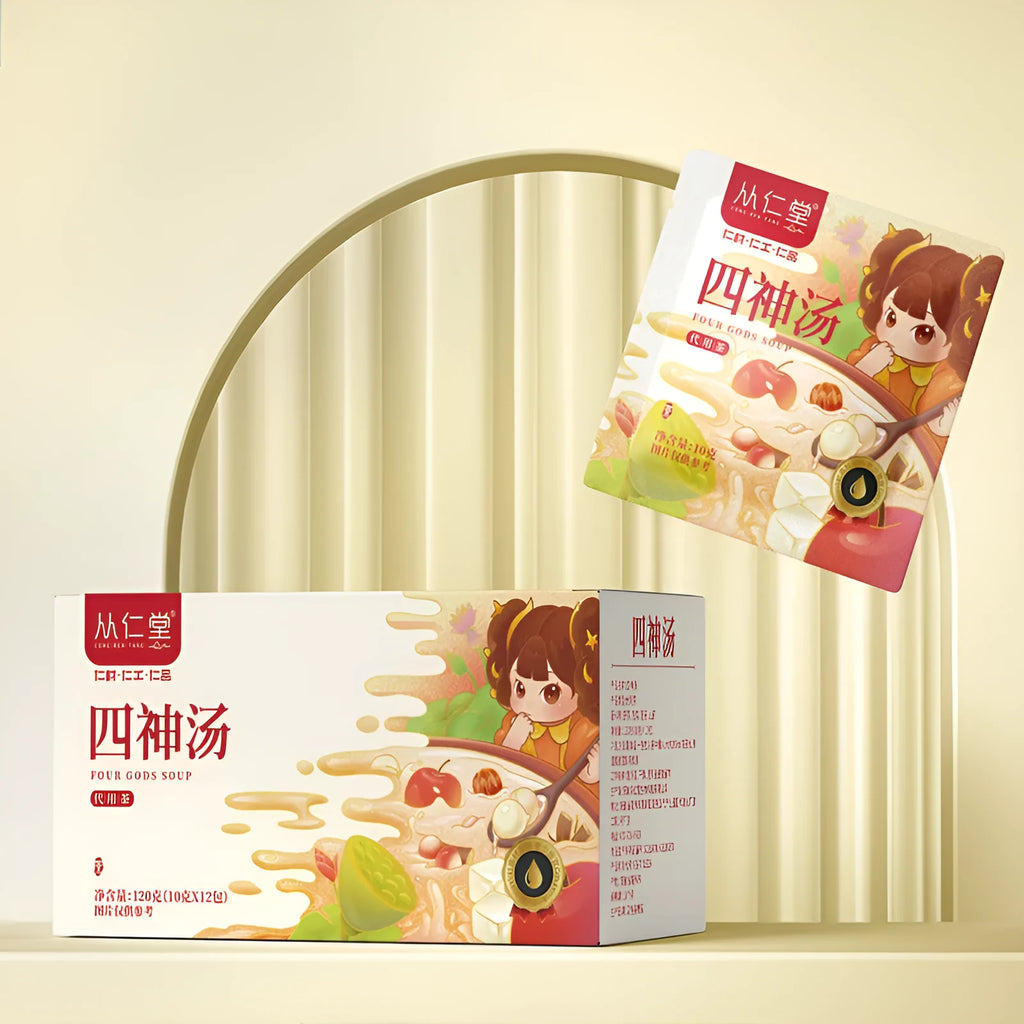 Box of children's spleen and stomach herbal tea decoction with 12 individual 100ml sachets containing yam, poria, lotus seed formula.