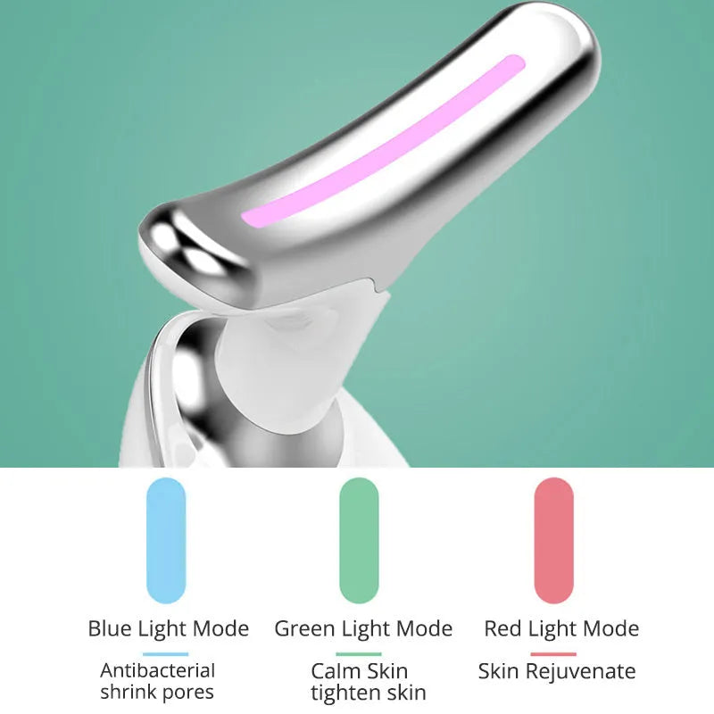 White EMS thermal neck lifting massager device with three-colour LED lights on a grey background.