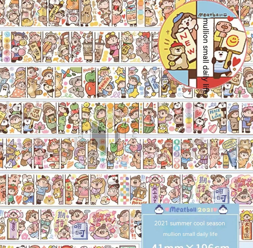 Sheet of colourful cartoon character stickers for haemorrhoid tape packaging on Japanese paper.