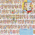 Sheet of colourful cartoon character stickers for haemorrhoid tape packaging on Japanese paper.