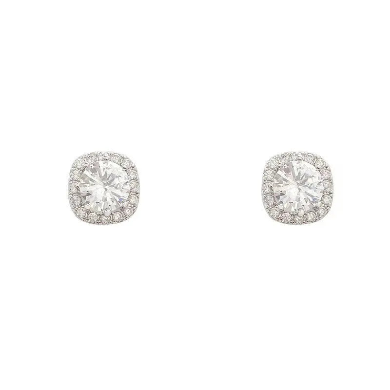 Square geometric earrings with diamond detailing in gold or silver alloy for women