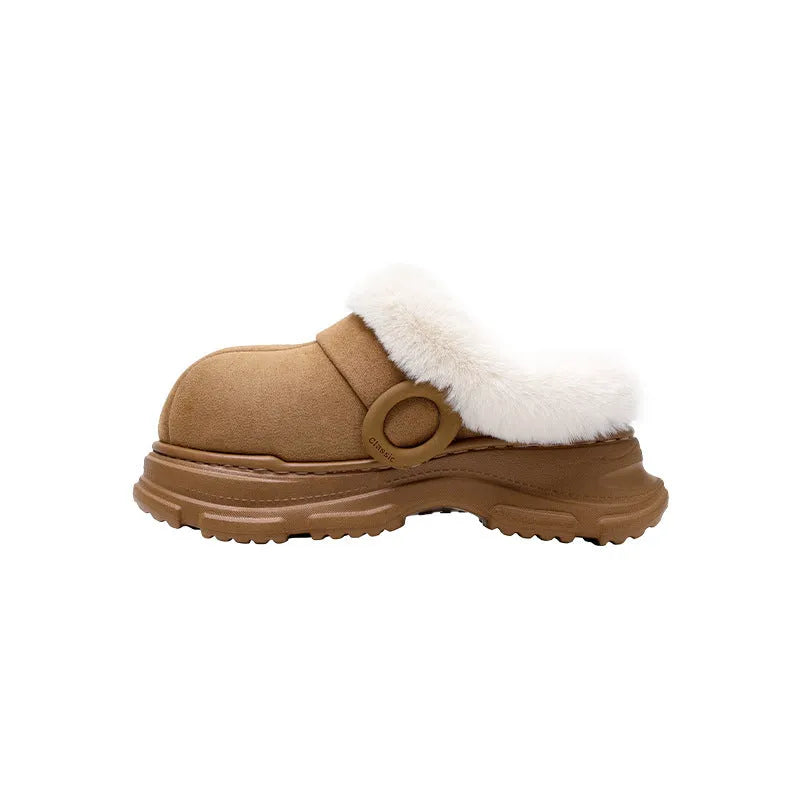 Women's non-slip faux fur slippers with 5cm heel in caramel colour