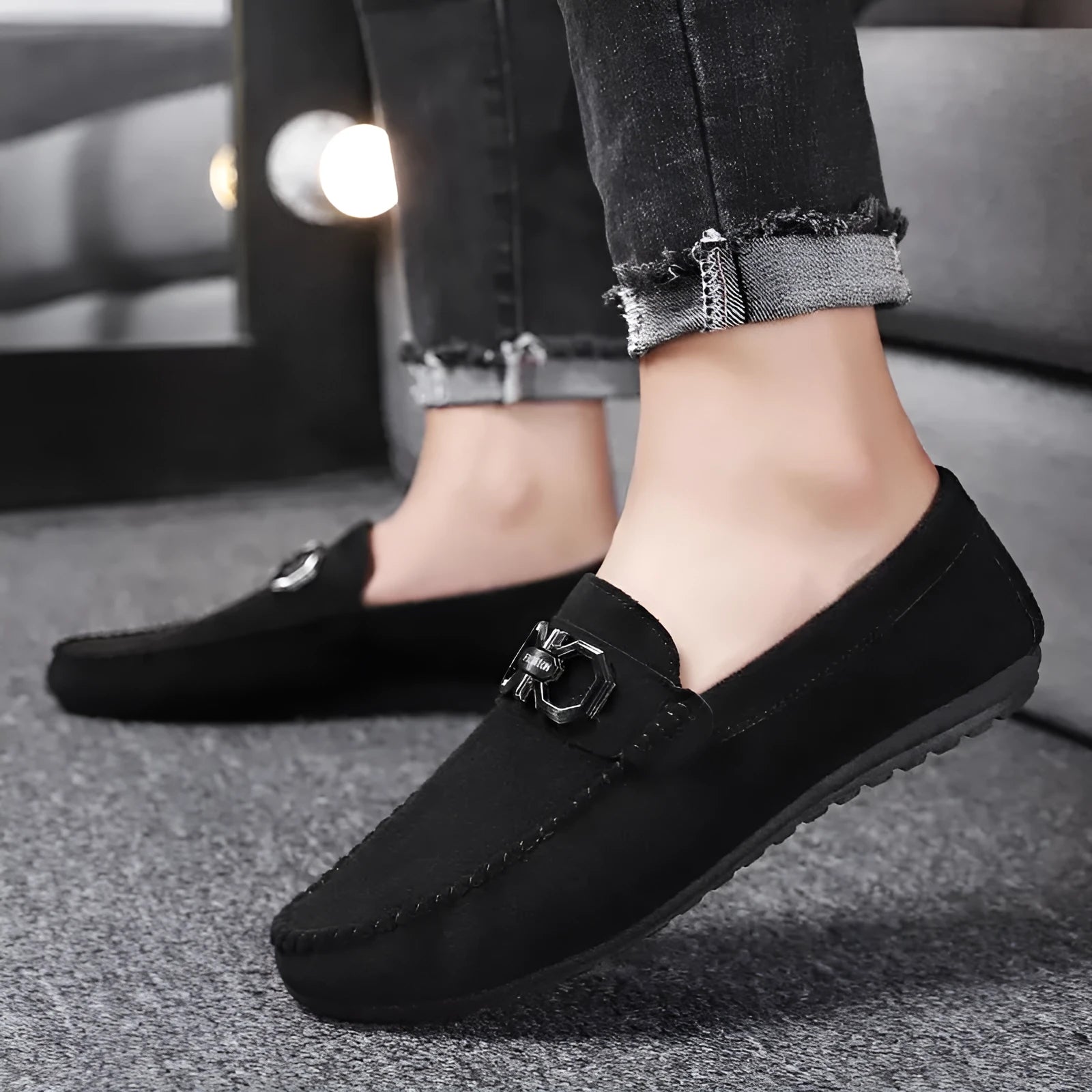 Men's black and grey casual summer shoes with cowhide suede uppers and rubber soles