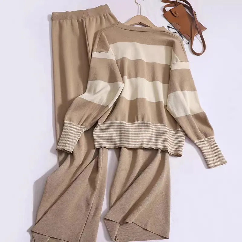 Korean street fashion striped V-neck knitted cardigan and wide leg pants two-piece suit for women in black, loose fit
