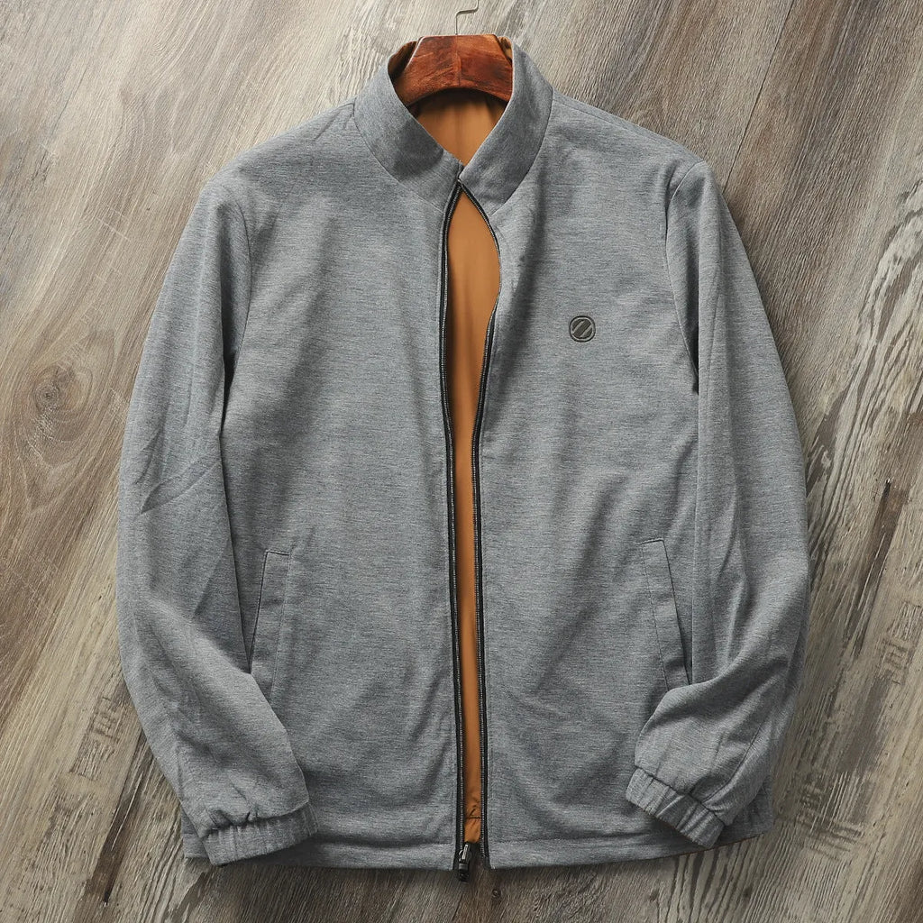 Men's stand collar casual jacket in polyester blend, available in Army Green, Black, Blue, and Orange.