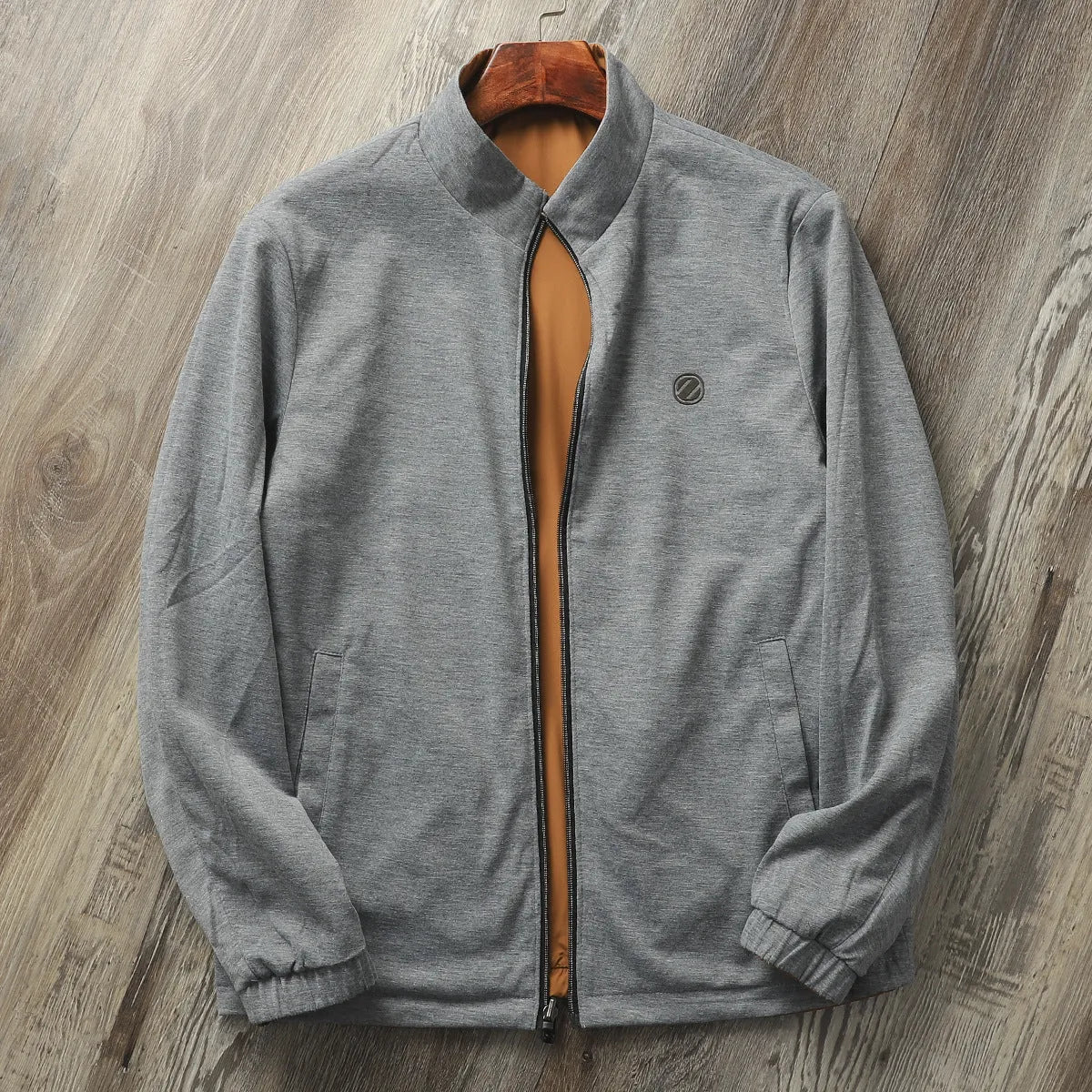 Men's stand collar casual jacket in polyester blend, available in Army Green, Black, Blue, and Orange.