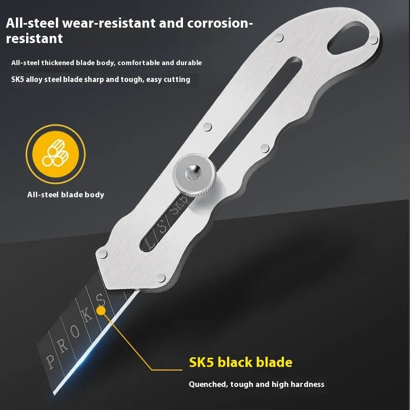 Stainless steel folding art knife with black blade alongside long and trapezoidal blades.