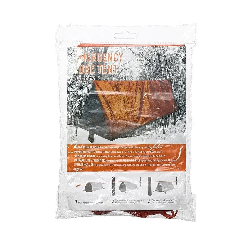 Orange and green emergency disaster relief tent with sleeping bag and raincoat set
