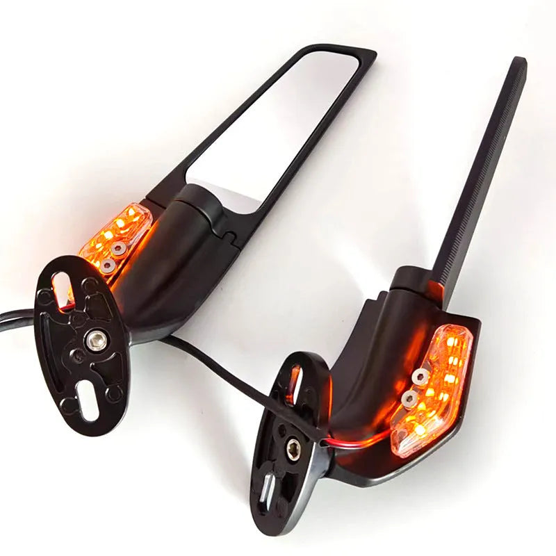 Pair of yellow aluminium motorcycle spoiler rearview mirrors with convex glass lenses and integrated side lights.