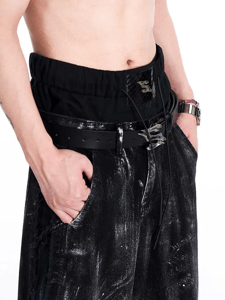 Black men's leather belt with metal letter buckle, two-layer cowhide construction, 110cm length