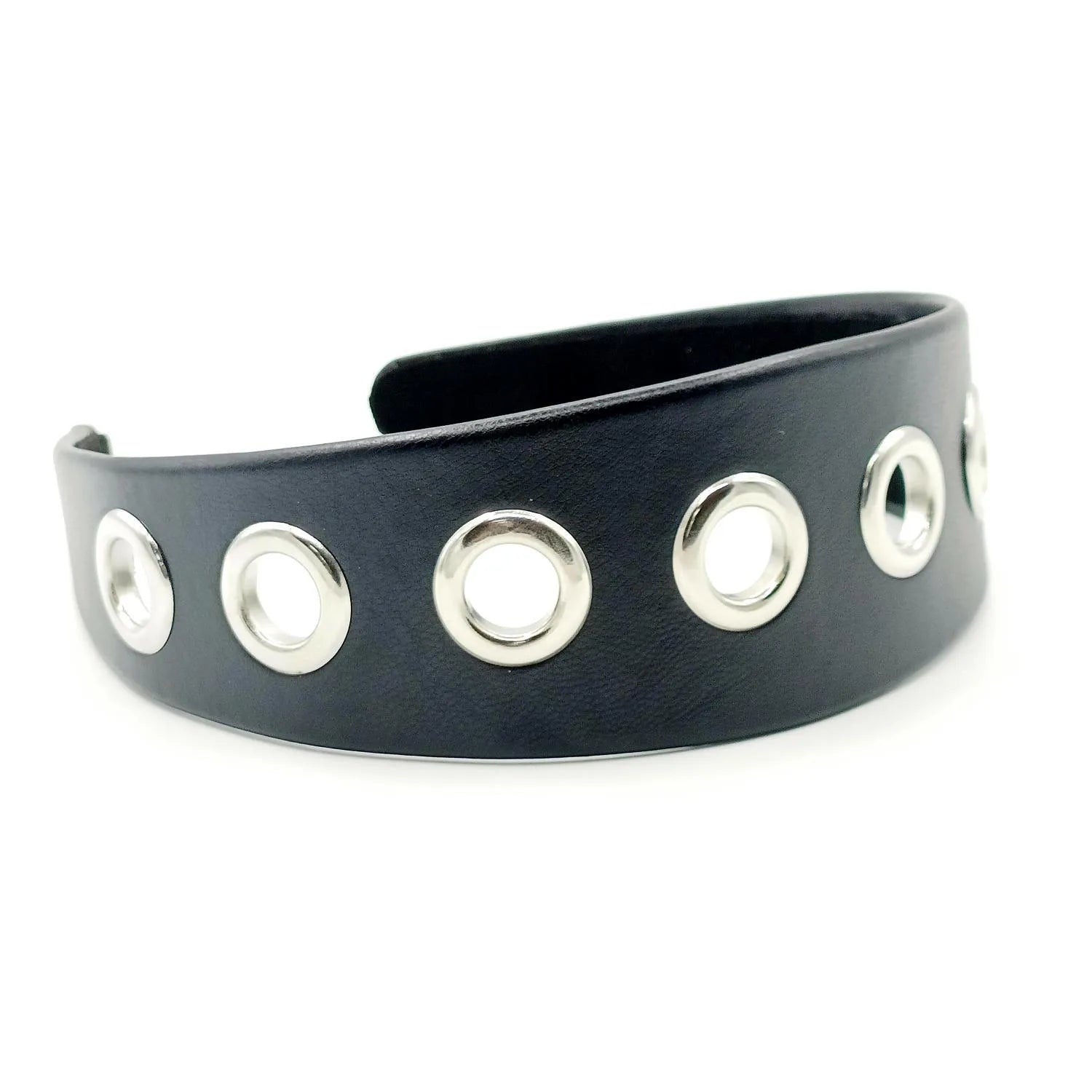 Black artificial leather wide headband with round, square, and dotted rivets for women punk style