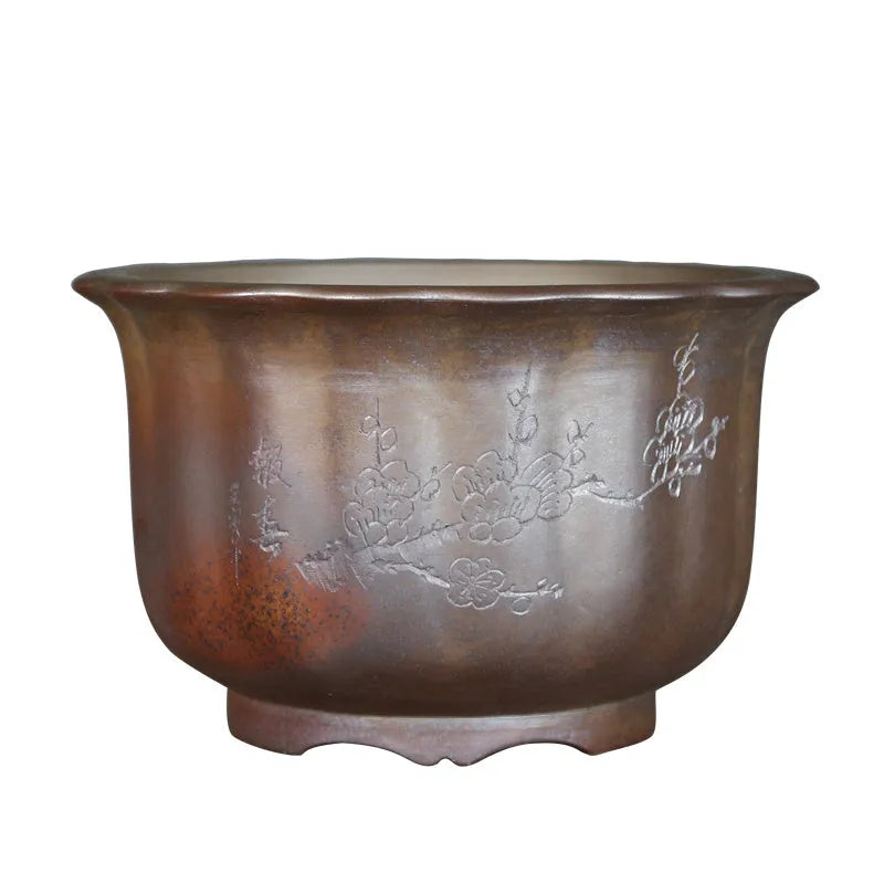 Purple sand ceramic flower pot with antique carved floral design for bonsai display