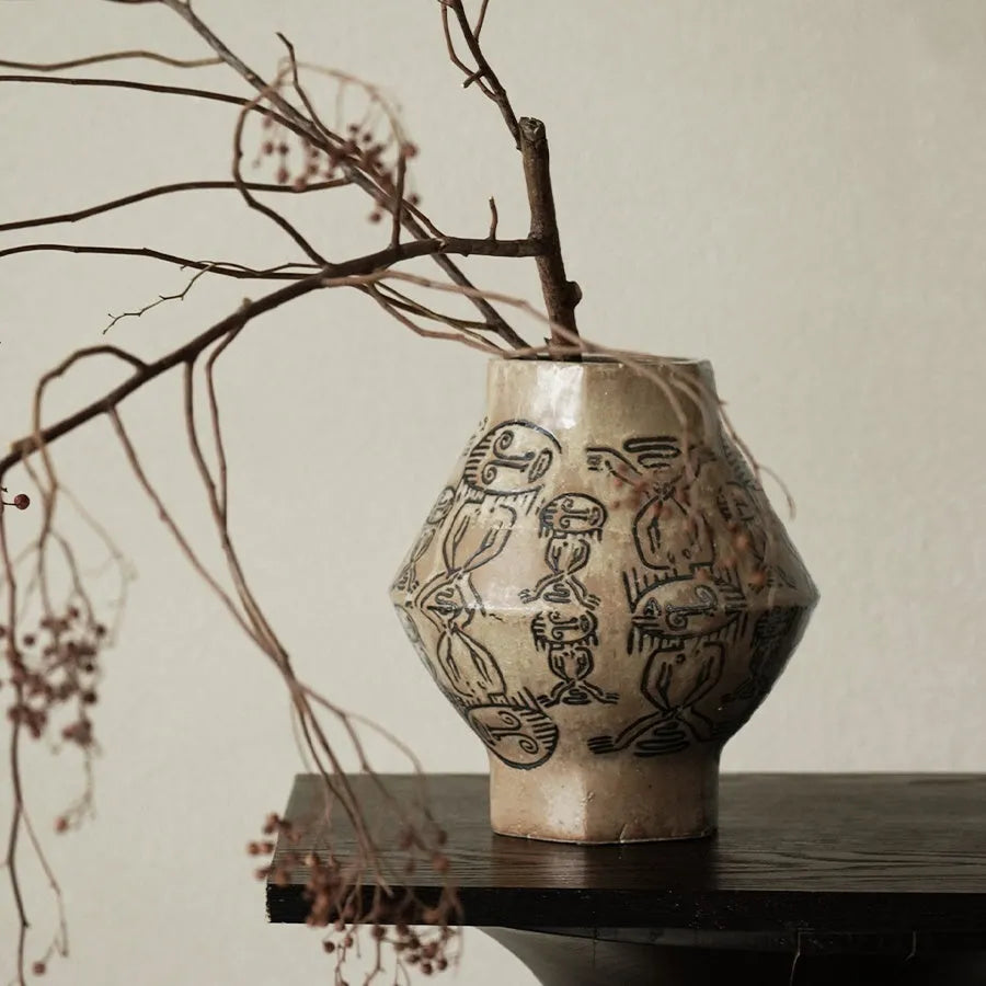 Hand-painted ceramic cylindrical table vase with vintage carved art and tribal totem flower patterns