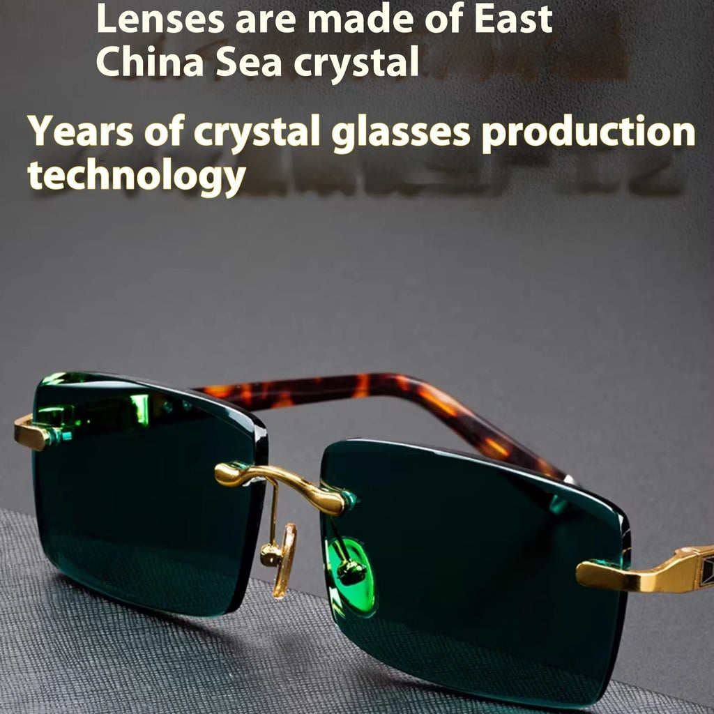 Dark green frameless crystal glasses with protective case and cleaning cloth