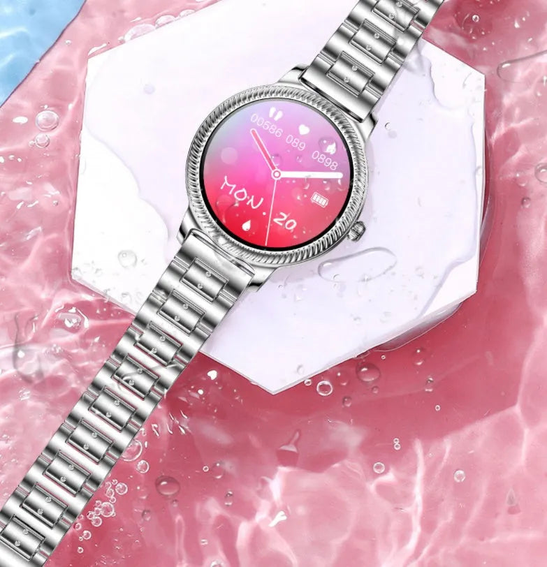 AK38 smart watch for women with stainless steel strap and 1.09-inch colour screen