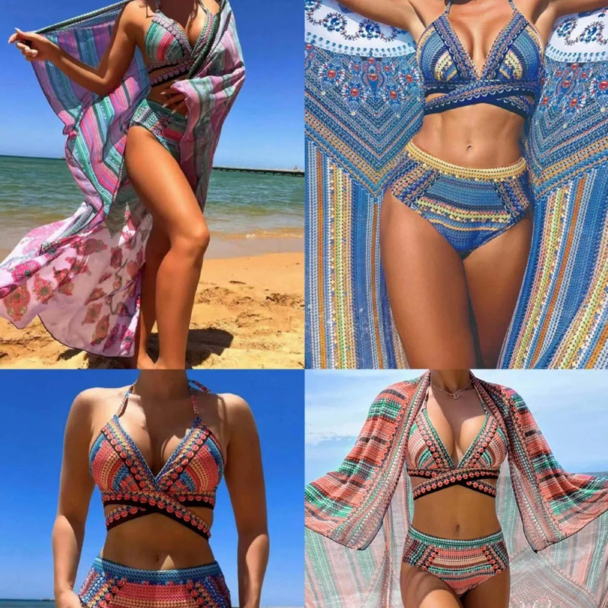 Women's high waist bikini swimsuit with cross bandage design in blue red, a three-piece set including smock.