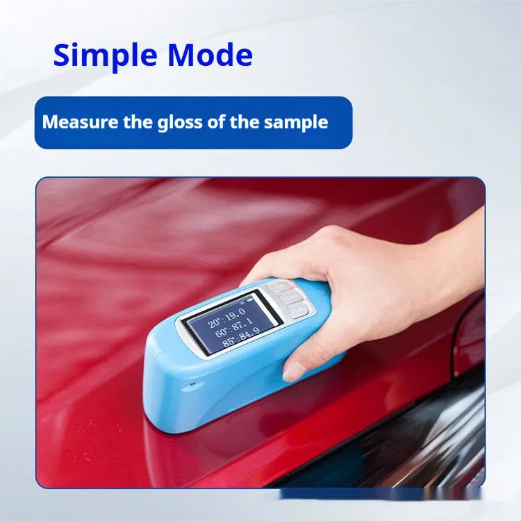 Portable glossiness tester with ceramic calibration stone showing measurement angles