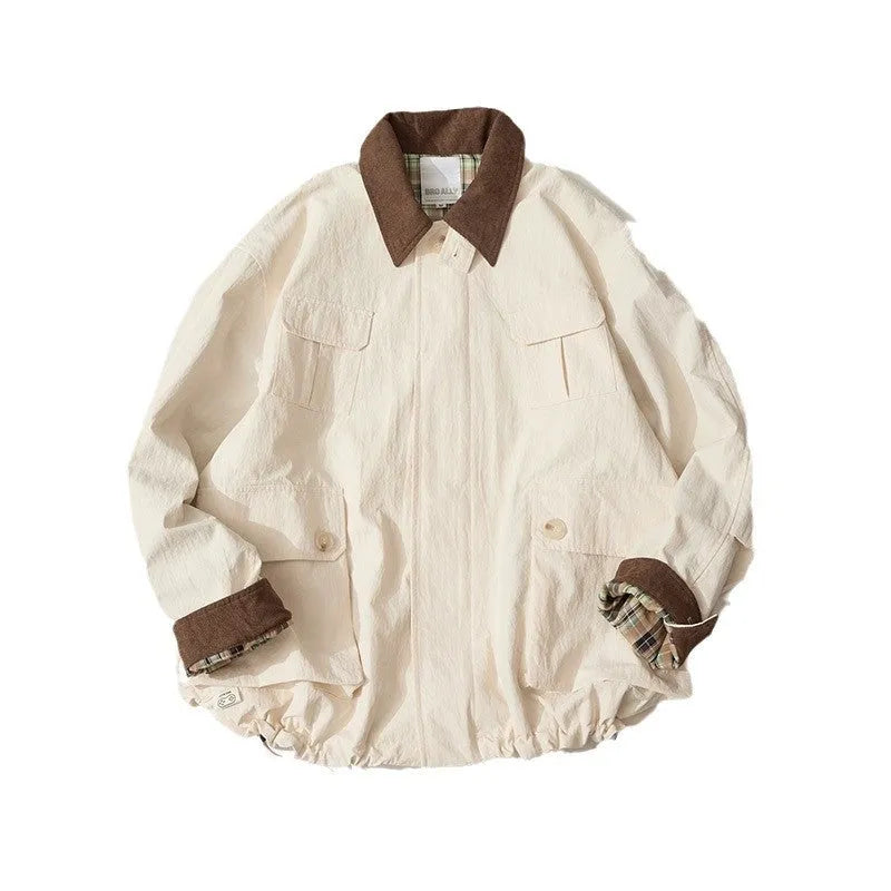 Green casual polyester jacket with long sleeves and side seam pockets on a hanger.