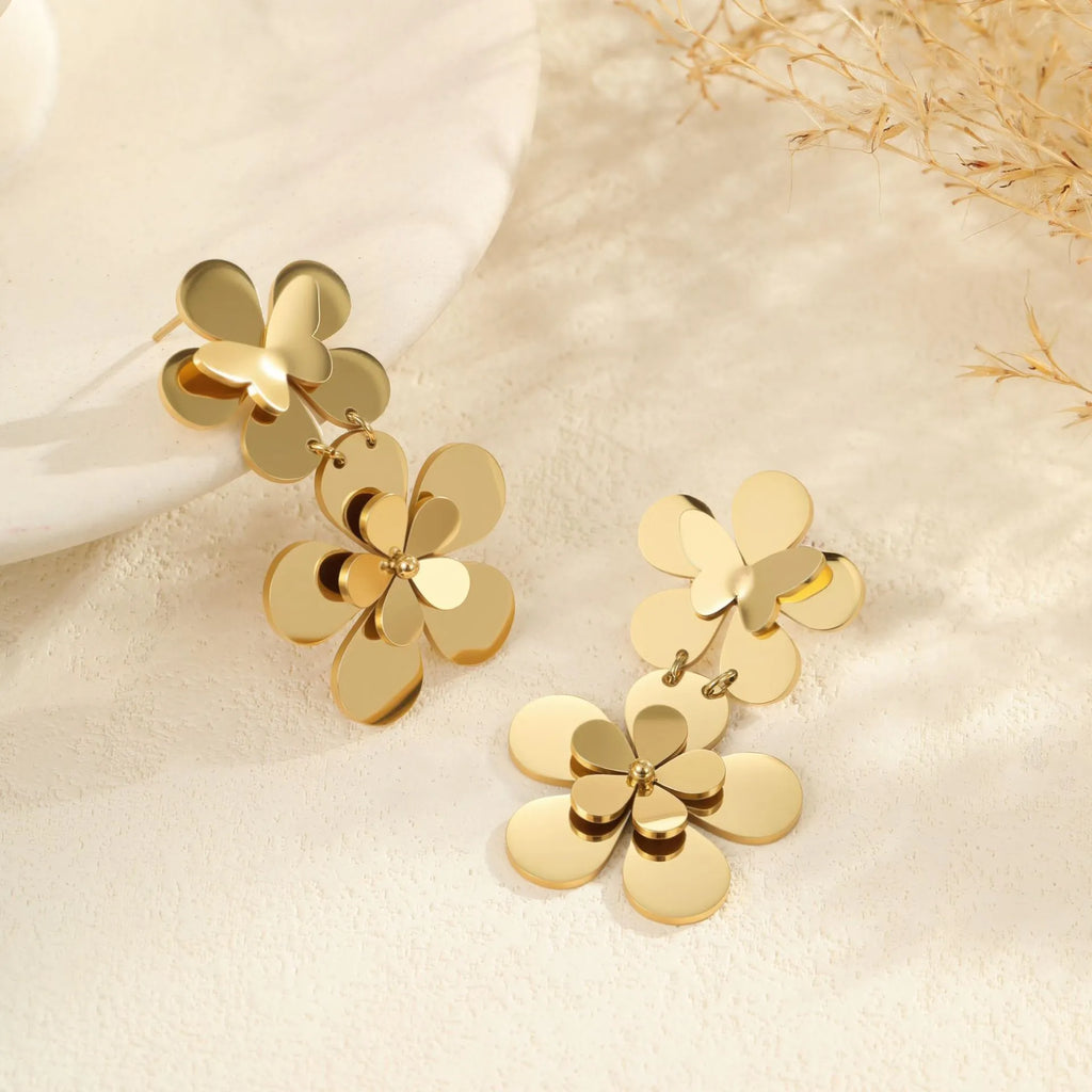 Gold electroplated stainless steel earrings with flower butterfly design for women