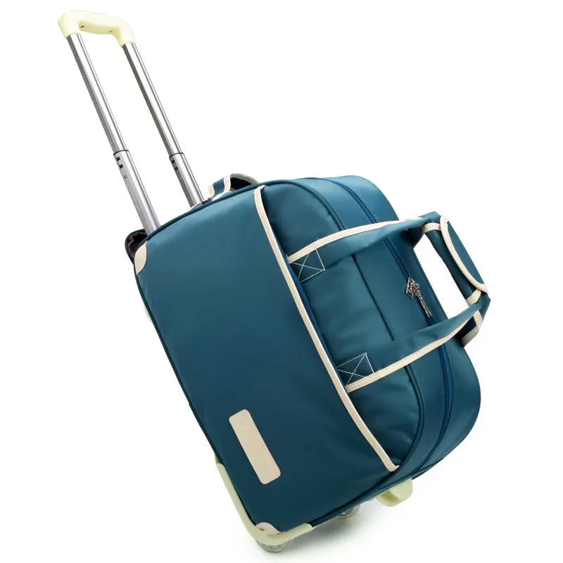 Oxford Pull Rod Nylon Waterproof Large Capacity Travel Bag for Business and Leisure, Solid Colour with Colour Blocking, Available in 20- or 24-Inch Size, 36-55 Litre Capacity, in Purple, Lake Blue, Black, Brown, Rose Red, or Dark Blue with Black Wheels
