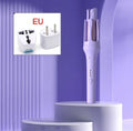 White and purple automatic hair curler with 32mm barrel and international plug adapters