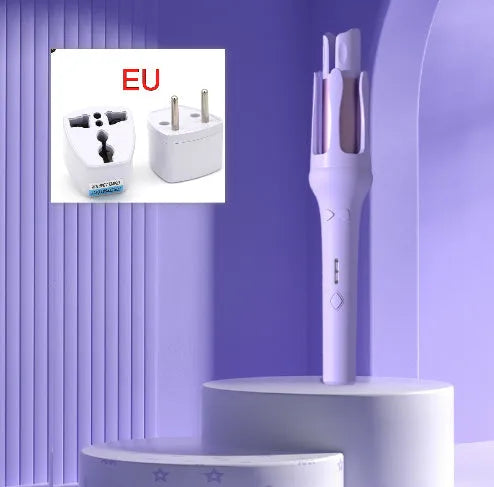 White and purple automatic hair curler with 32mm barrel and international plug adapters