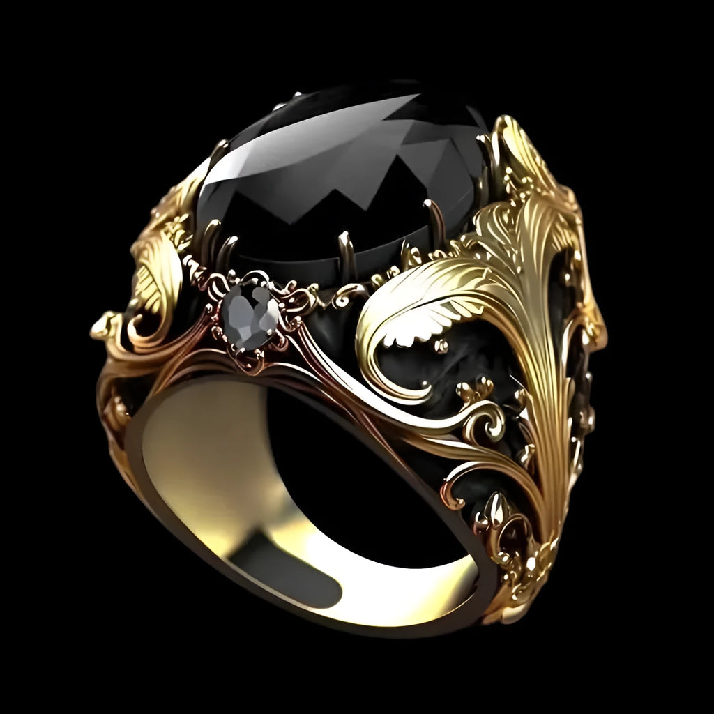 Men's silver geometric ring with imitation ink colour gem and irregular moonstone pattern on a wide alloy band.