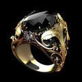 Men's silver geometric ring with imitation ink colour gem and irregular moonstone pattern on a wide alloy band.